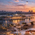 Seoul evening itinerary banner showing Hangang River sunset with café scene from Myeongdong to Nodeul Island