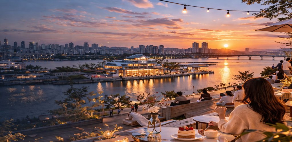 Seoul evening itinerary banner showing Hangang River sunset with café scene from Myeongdong to Nodeul Island