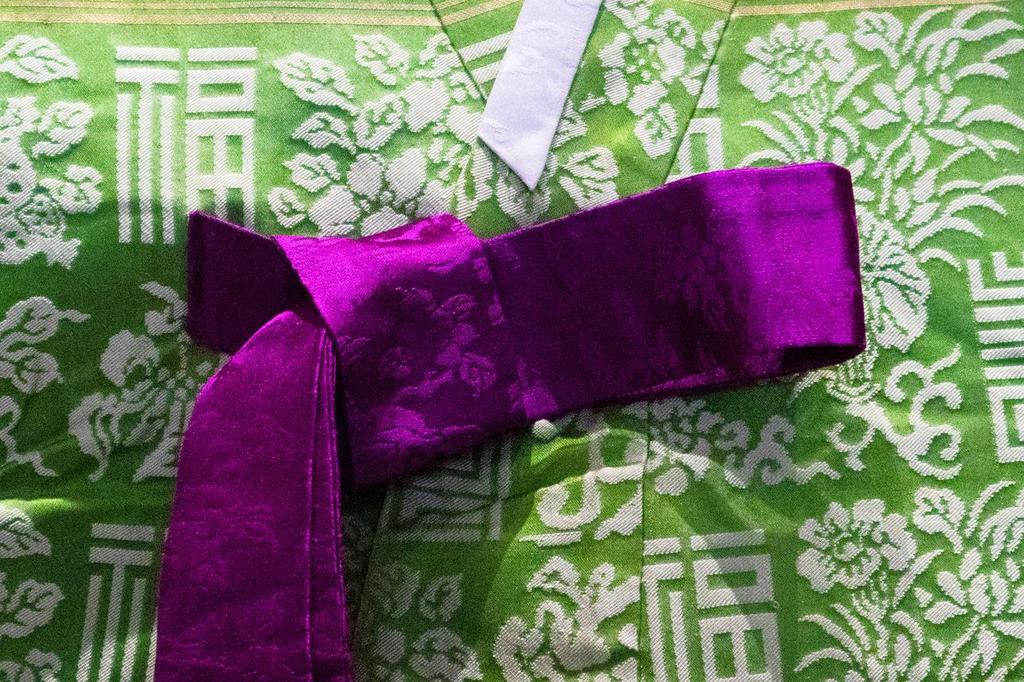 Close-up of hanbok fabric and ribbon detail traditional Korean clothing