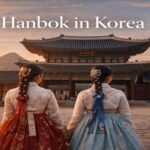 Two women wearing hanbok at Gyeongbokgung Palace in Seoul during sunset