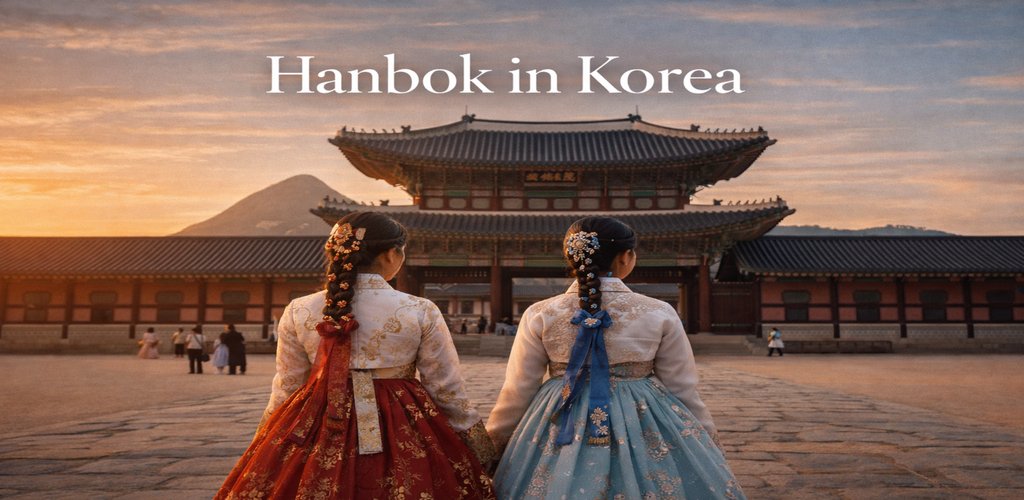 Two women wearing hanbok at Gyeongbokgung Palace in Seoul during sunset