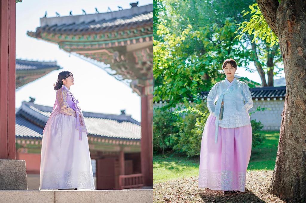 Women wearing hanbok at Korean palace and garden in Seoul