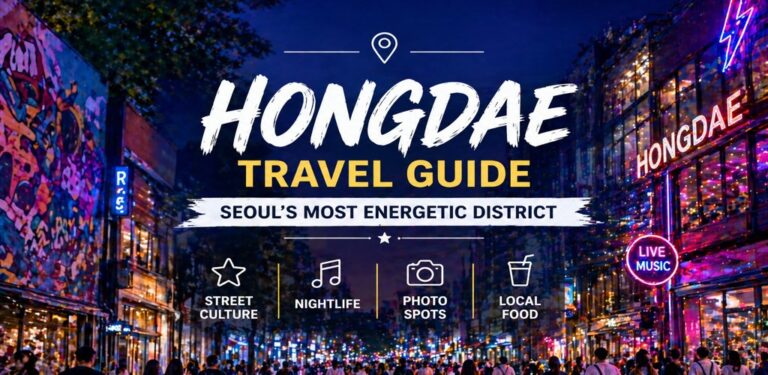Hongdae Seoul nightlife district neon street crowd travel guide Korea