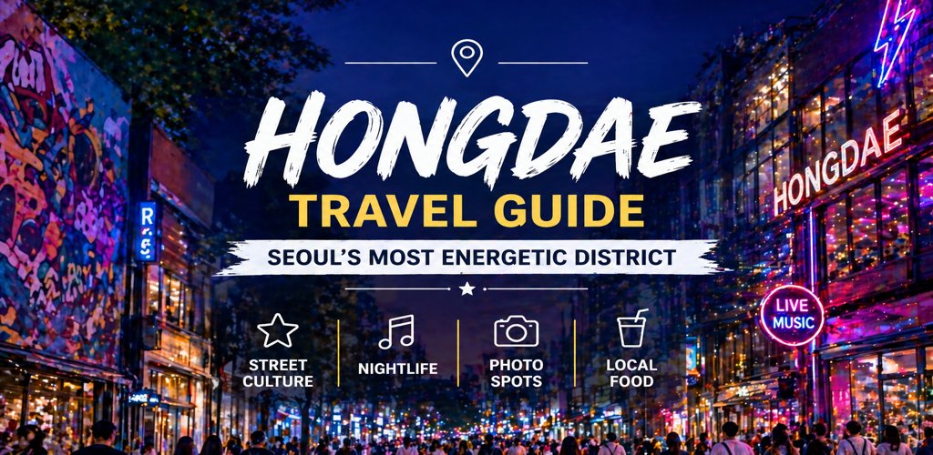 Hongdae Seoul nightlife district neon street crowd travel guide Korea