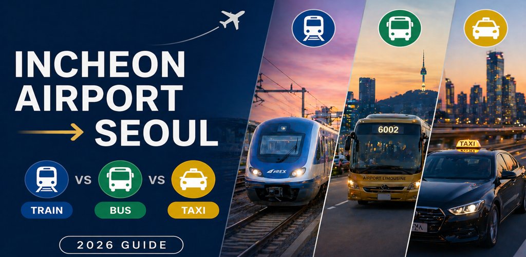 Incheon Airport to Seoul train bus taxi comparison guide Seoul skyline travel banner