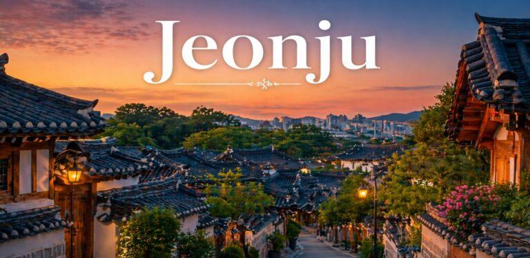 Jeonju Hanok Village sunset traditional Korean houses travel banner