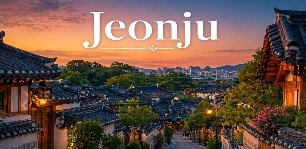Jeonju Hanok Village sunset traditional Korean houses travel banner