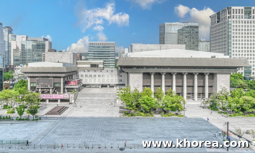 Sejong Center for the Performing Arts exterior in Gwanghwamun Seoul with city skyline