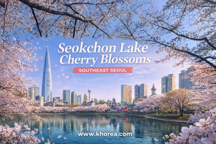 Seokchon Lake cherry blossoms in southeast Seoul with Lotte World Tower - khorea.com