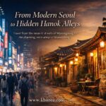 Myeongdong to Ikseon-dong Seoul travel guide banner showing modern neon streets and traditional hanok village alleys