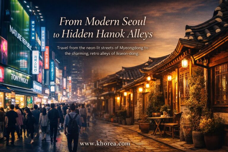 Myeongdong to Ikseon-dong Seoul travel guide banner showing modern neon streets and traditional hanok village alleys