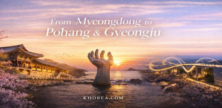 Korea Travel from Myeongdong to Pohang and Gyeongju featuring Bulguksa Temple, Homigot sunrise sculpture, and coastal Space Walk