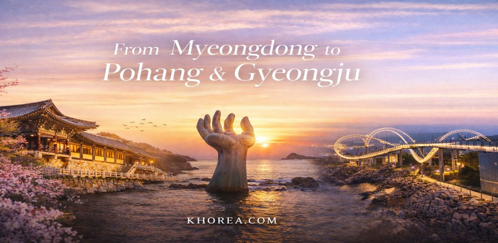 Korea Travel from Myeongdong to Pohang and Gyeongju featuring Bulguksa Temple, Homigot sunrise sculpture, and coastal Space Walk