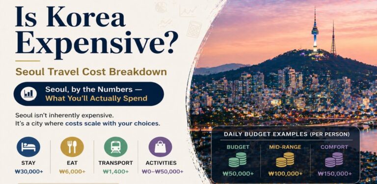 Is Korea expensive Seoul travel cost breakdown budget mid range comfort Seoul skyline