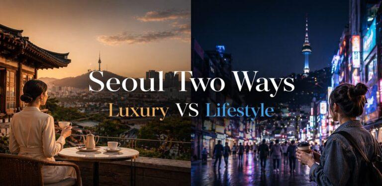 Seoul two ways luxury vs lifestyle travel banner showing day and night city contrast