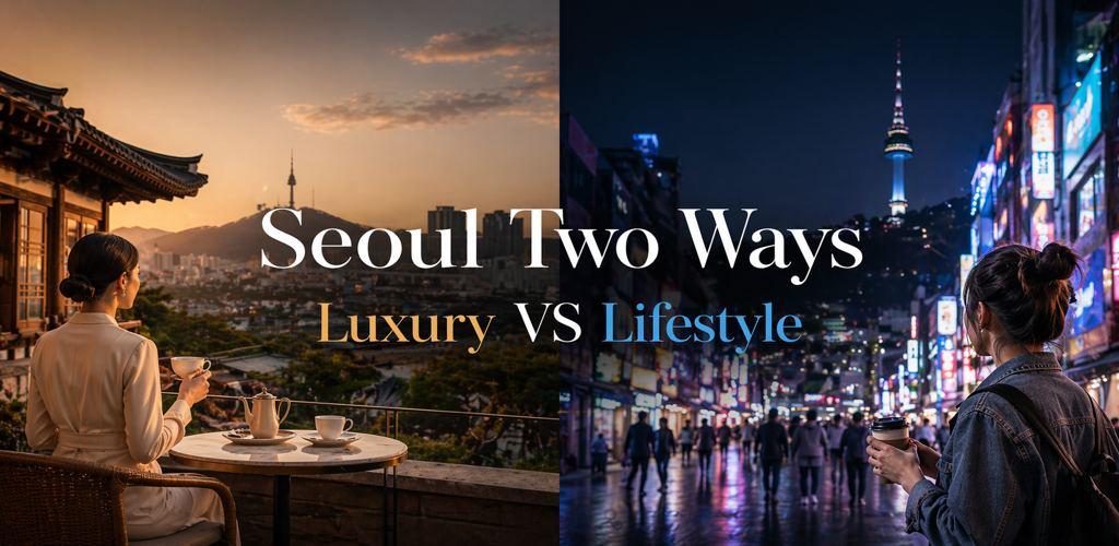 Seoul two ways luxury vs lifestyle travel banner showing day and night city contrast