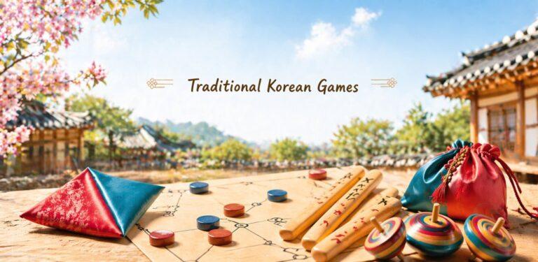Traditional Korean Games banner with yutnori and Korean folk games