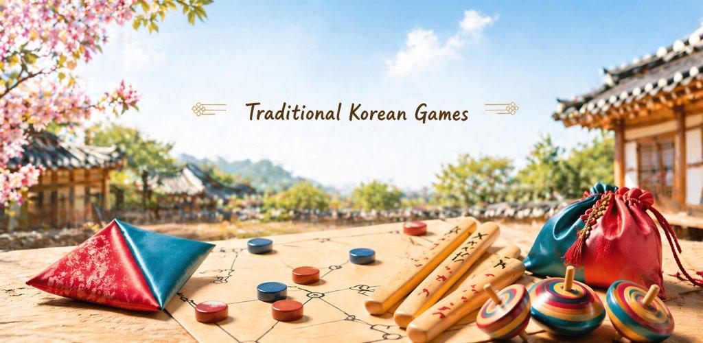 Traditional Korean Games banner with yutnori and Korean folk games
