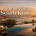 Luxury travel in South Korea featuring Seoul skyline, traditional palace, and coastal resort at sunset
