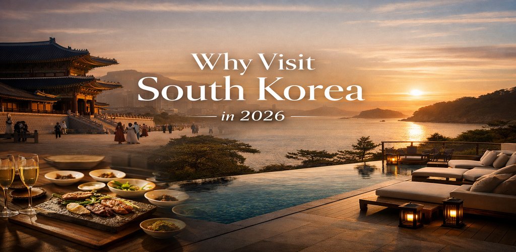 Luxury travel in South Korea featuring Seoul skyline, traditional palace, and coastal resort at sunset