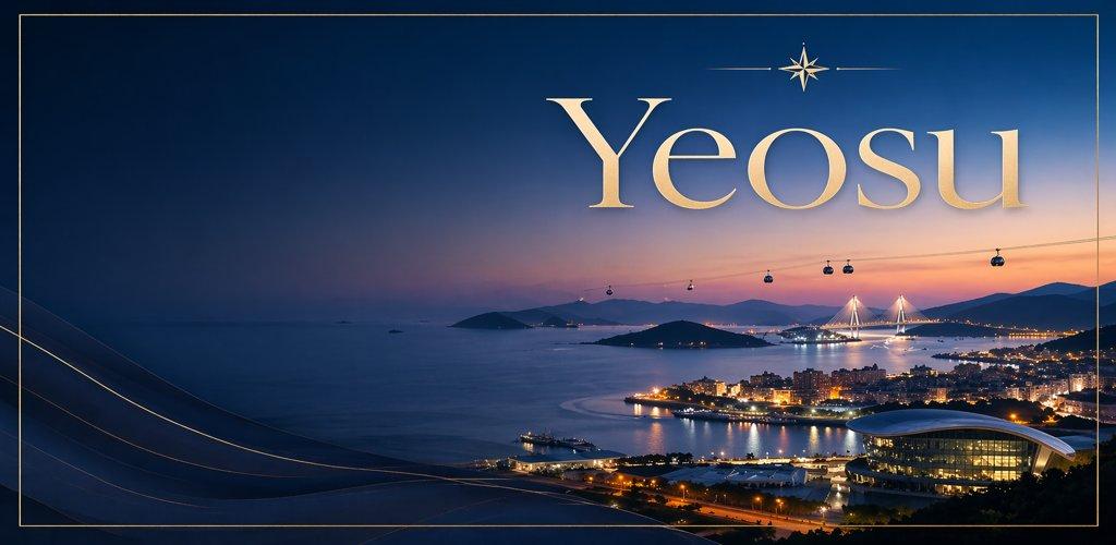 Yeosu luxury travel guide banner with ocean skyline and coastal night view in South Korea