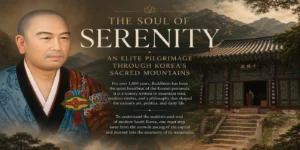 Korean Buddhist temple sacred mountains pilgrimage editorial banner